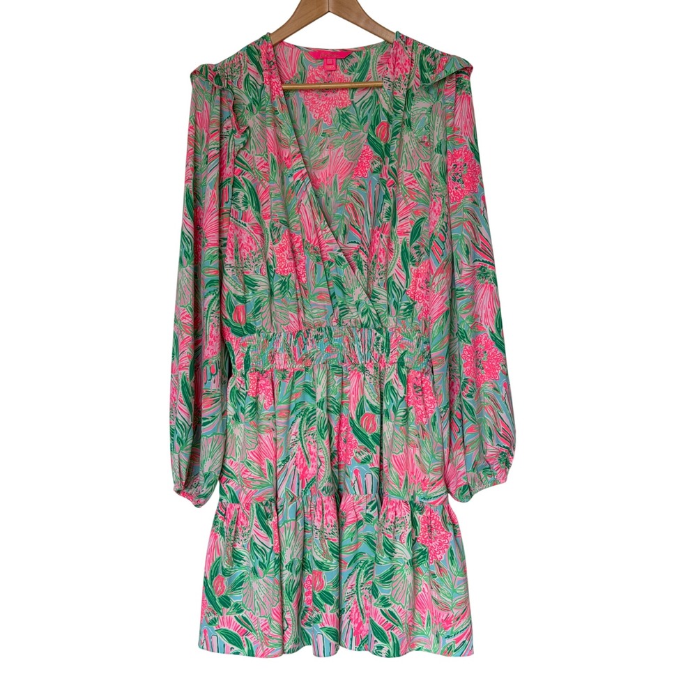 Lilly Pulitzer Taviana Dress Womens 16 Pink Green Floral Smocked Ruffle Mini - Picture 2 of 6